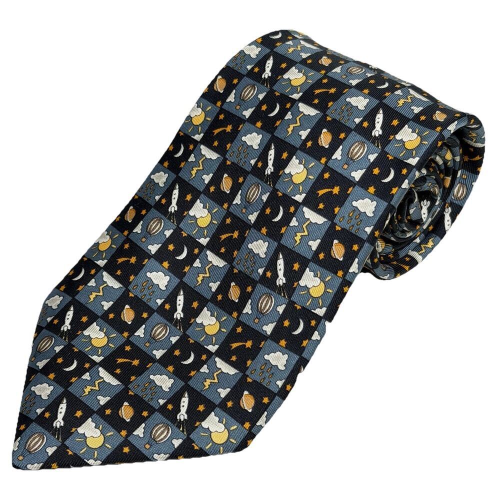 HERMES 7803 Silk Neck Tie 56”x3.5” Blue Rocket Hot Air Balloon Planet Stars EUC - Picture 1 of 5